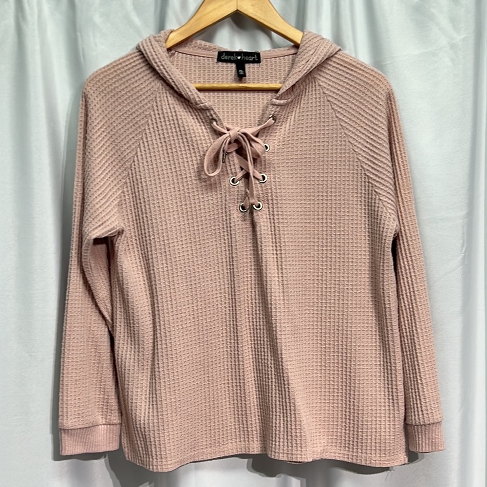 Derek Heart Dusty Rose Waffle Knit Lace Up Hoodie - size XL